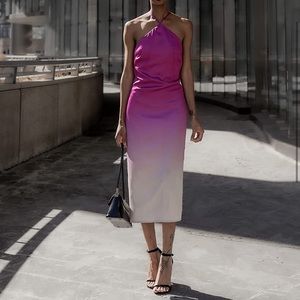 Orchid Ombré Print Stretch Satin Midi Dress by SignedBlake x Amazonthedrop